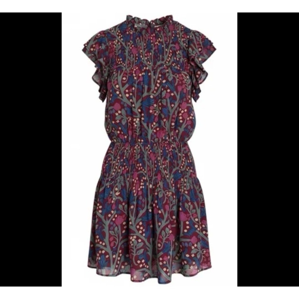 Entro Flutter Sleeve Floral Smocked Waist Mini Dress Colorful Ruffle Trim Size S